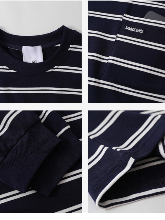 Stripes Color-blocked Embroidery Pocket Loose-fit T-shirts