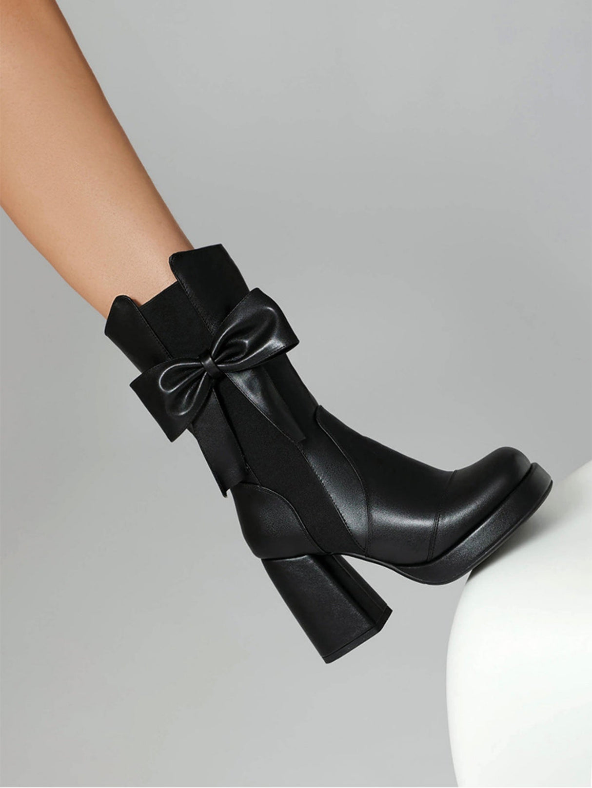 Platform Chunky Heel Bow Buckle Elastic Mid-calf Women's Boots