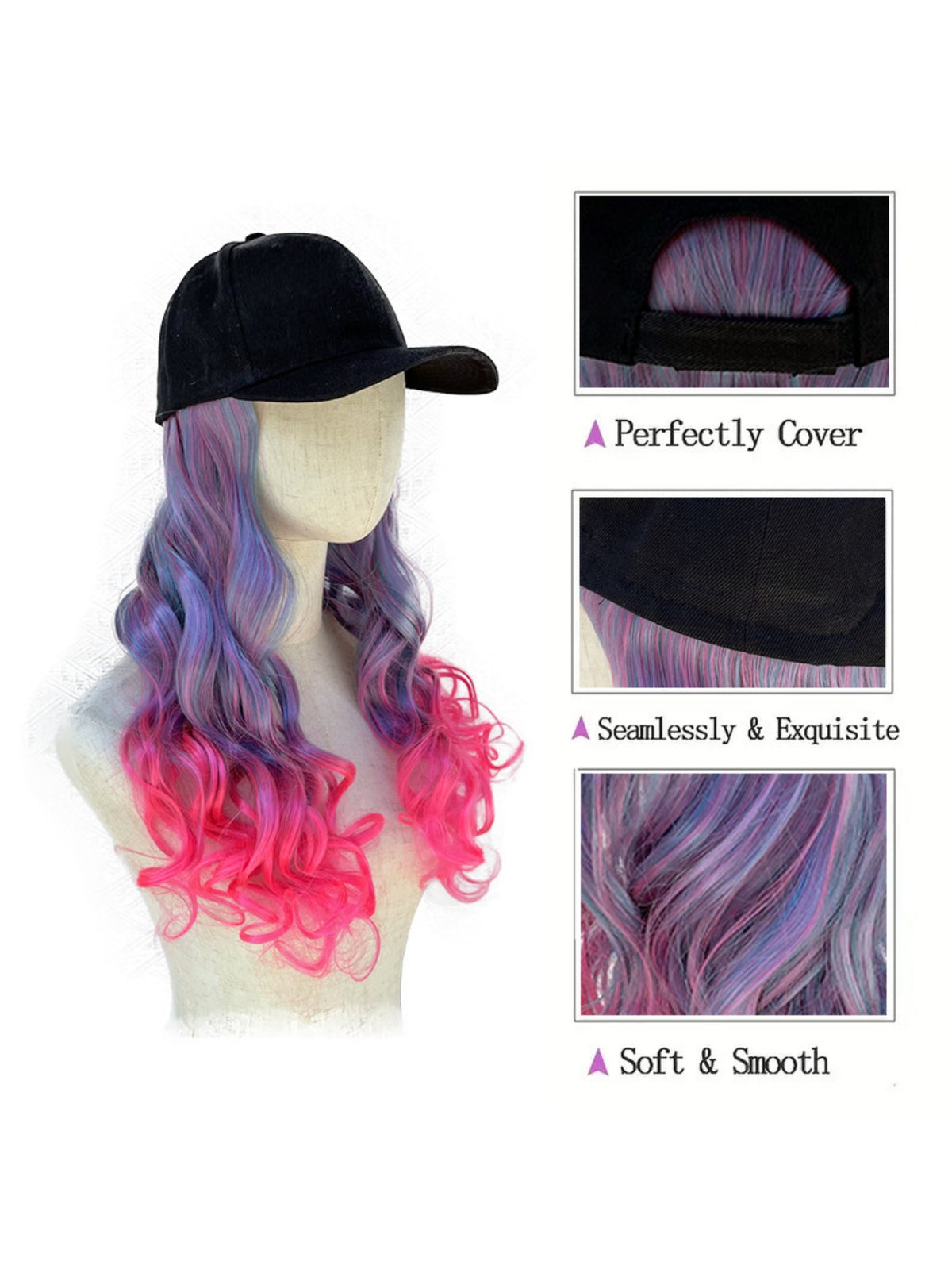 One-piece Baseball Cap Long Wavy Curls Synthetic Colored Wig