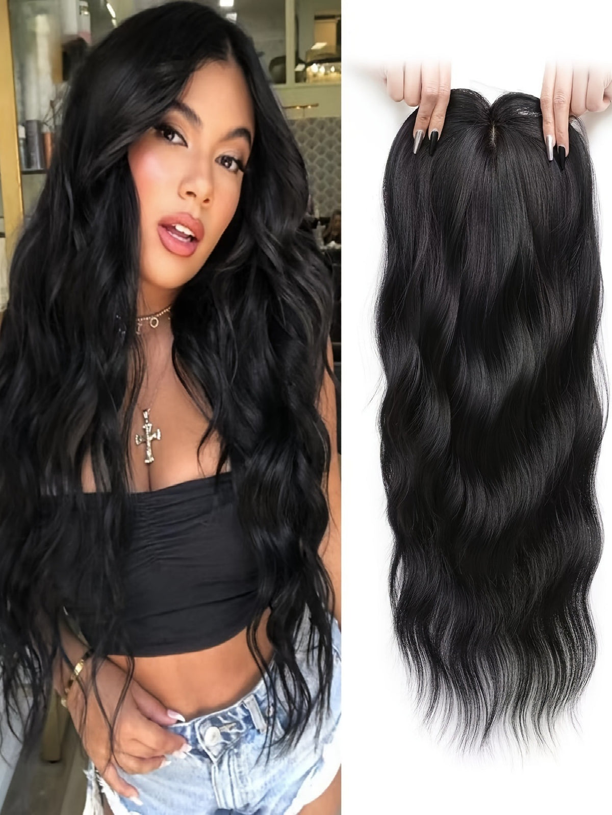 Invisible, Seamless, Long, Curly Wig With White Hair Covering
