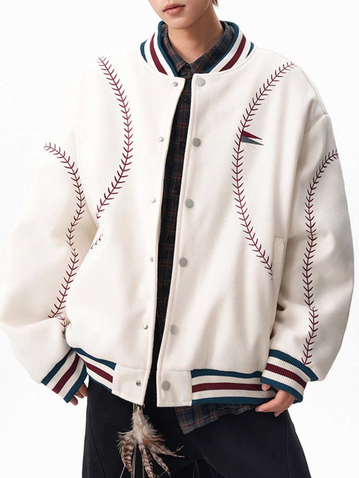 Ethnic-Embroidered Wool-Blend Varsity Jacket