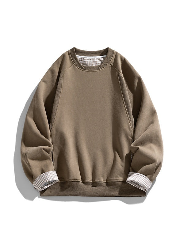 Plaid-Panel Clean-Fit Boxy Crew-Neck Sweatshirt