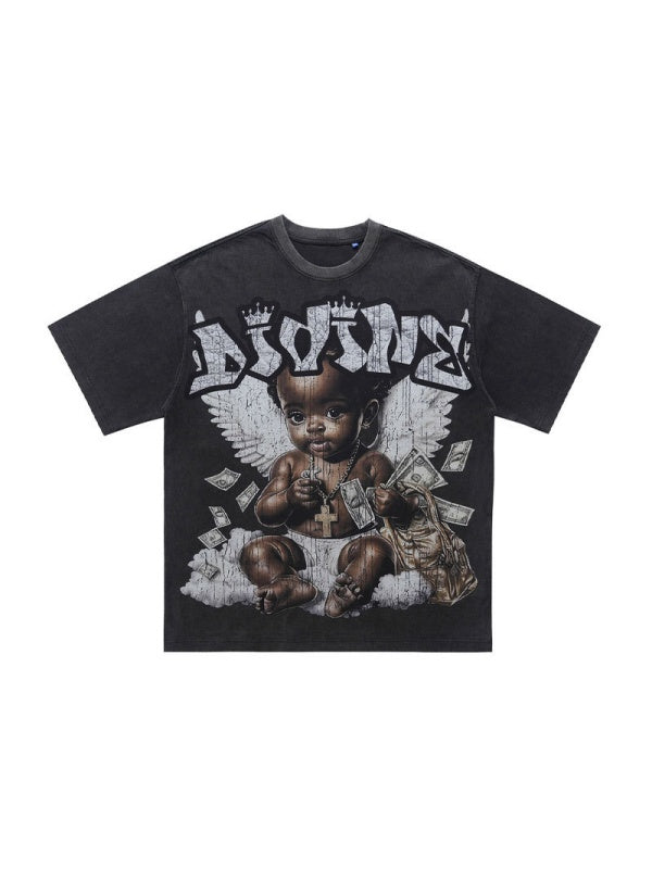Washing Water Retro Angel Child Printed Loose-fit T-shirts