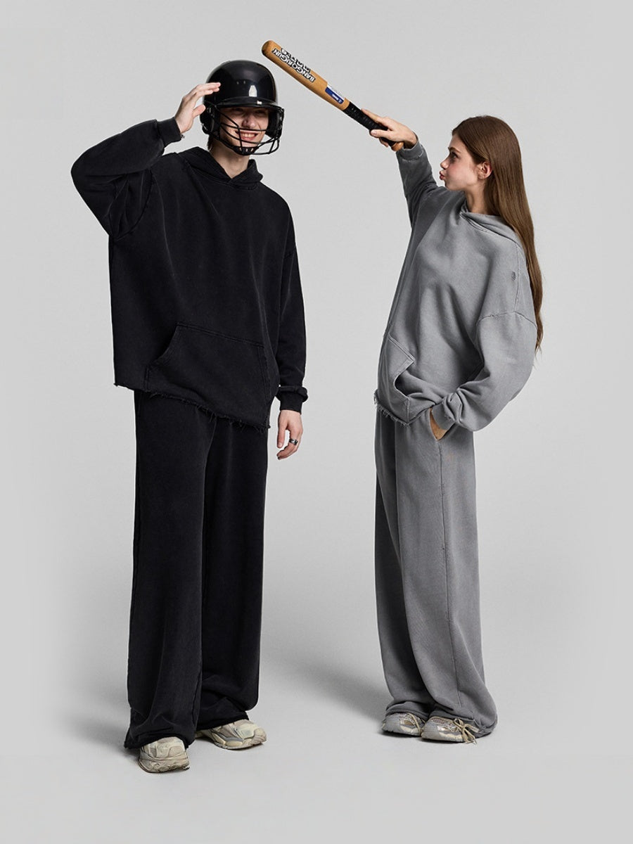 Hooded Loose Washing Water Old Solid Color Leisure Sweatshirts&Hoodies Set