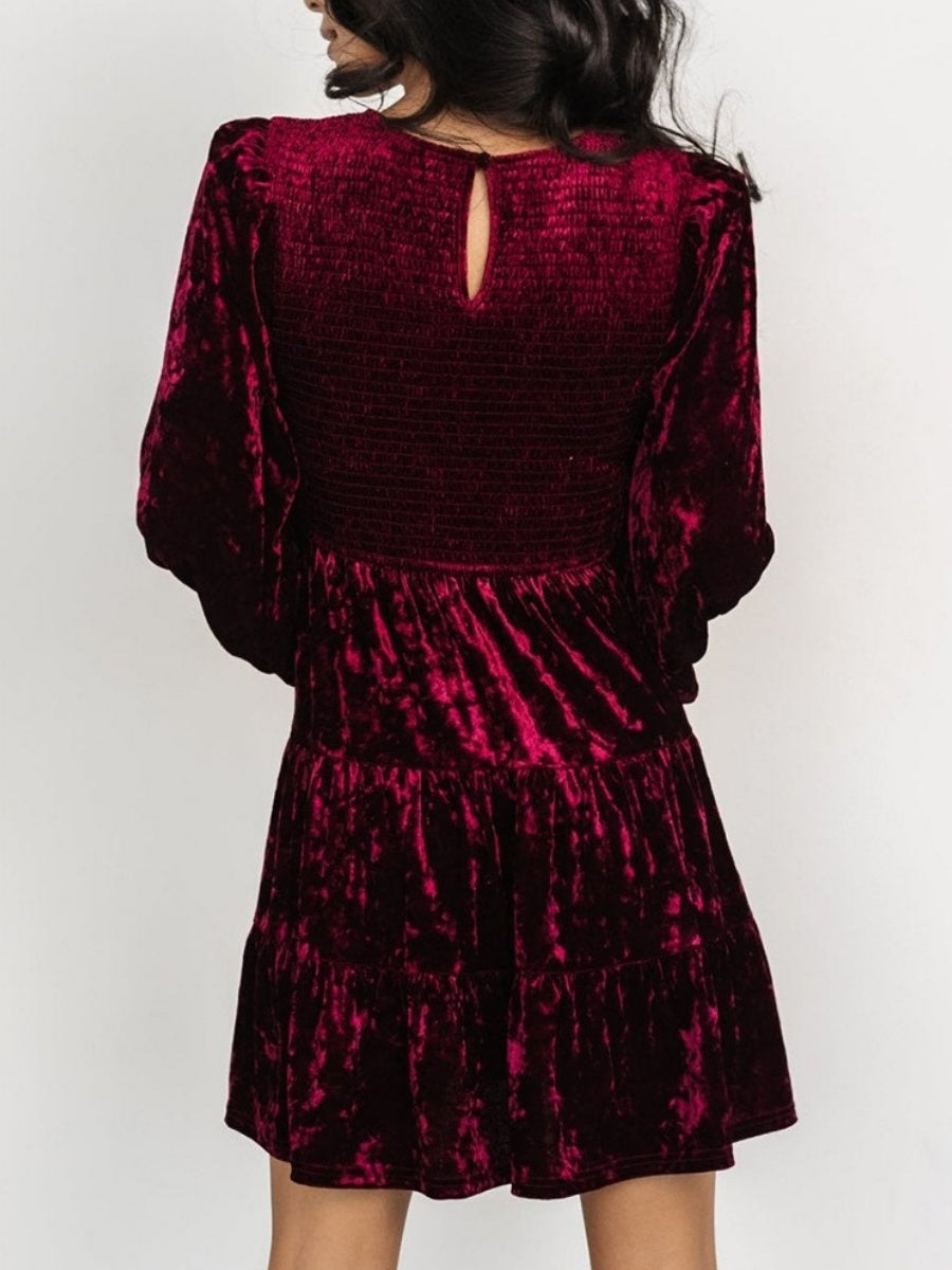 Ruffle Gathering Long Sleeve Velvet Mini&Short Dresses