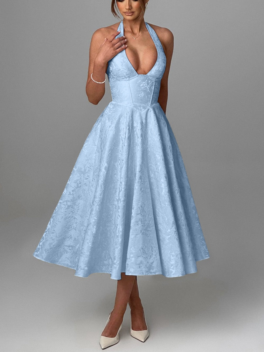 Halter Neck Jacquard Dress, High-end Evening Gown Elegant Sleeveless Backless Fitted Waist Midi Dress