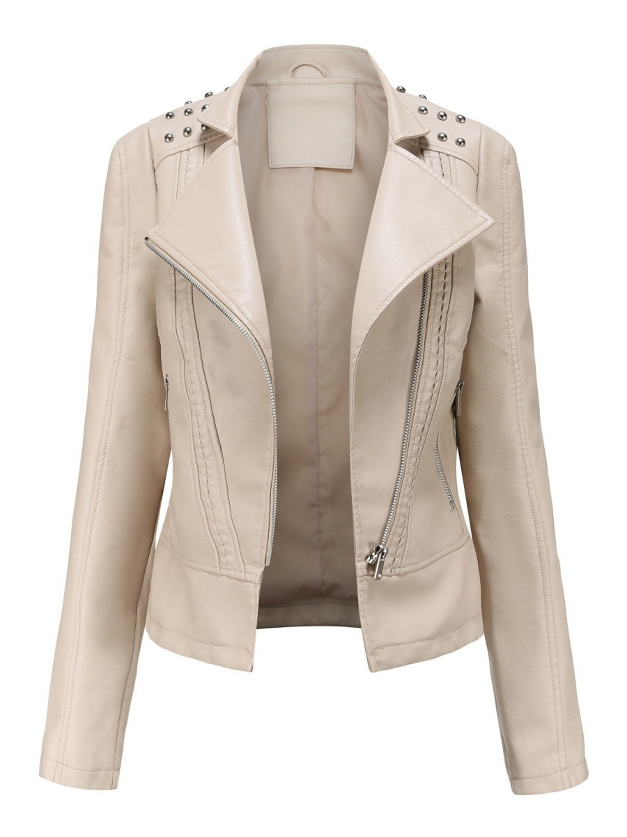 Cropped Zipper Pu Beading Jackets