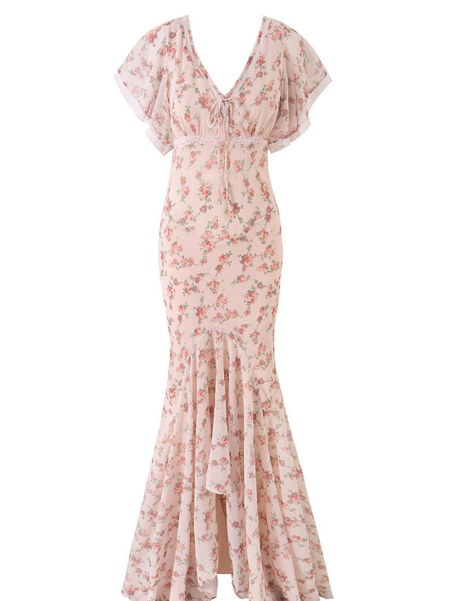 Romantic Floral Lace Patchwork Waist-cinching V-neck Fishtail Long Dress