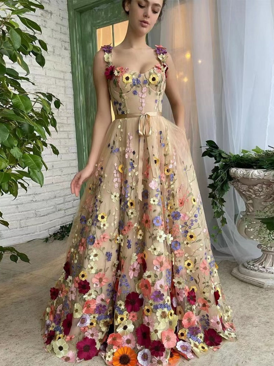 Bright Silk Three-dimensional Flower Fashionable Embroidery Flower Hip-wrapped Sexy Long Dress