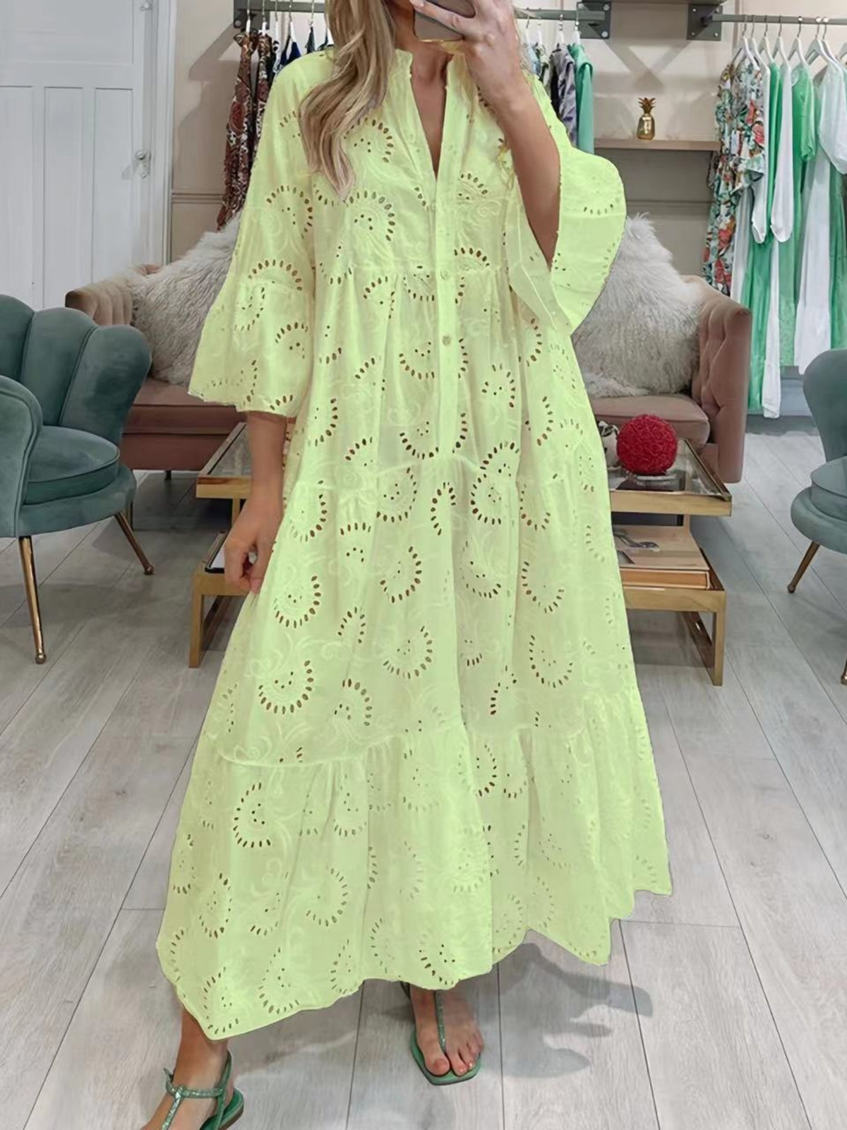 Lace Cutout V-neck Buttons Flare Sleeve Maxi Dresses