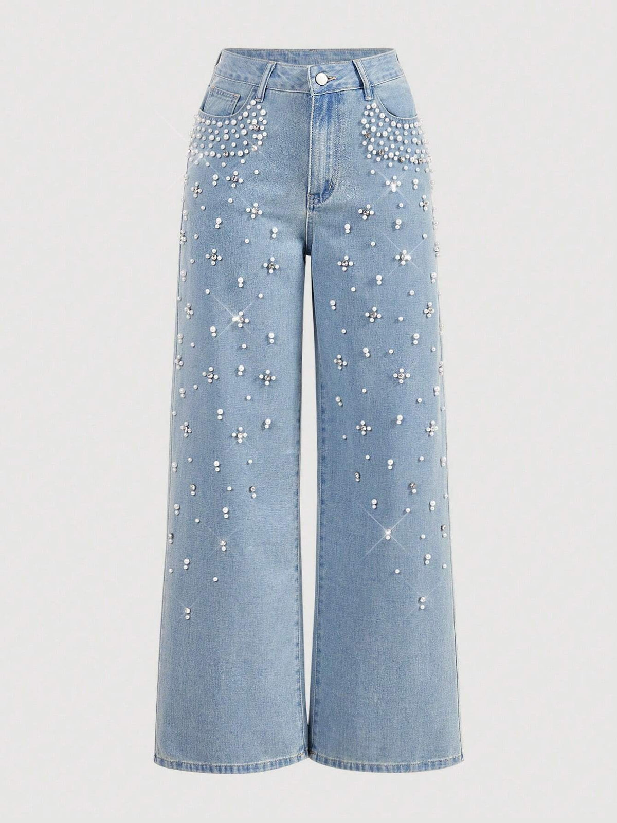 Women's Autumn/Winter Beaded High-Waisted Wide-Leg Jeans