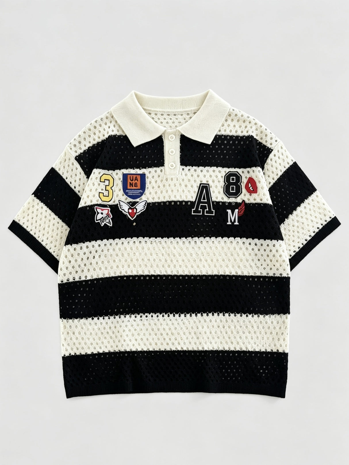 College Style Stripes Hollow Out Badge Embroidery POLO Shirt