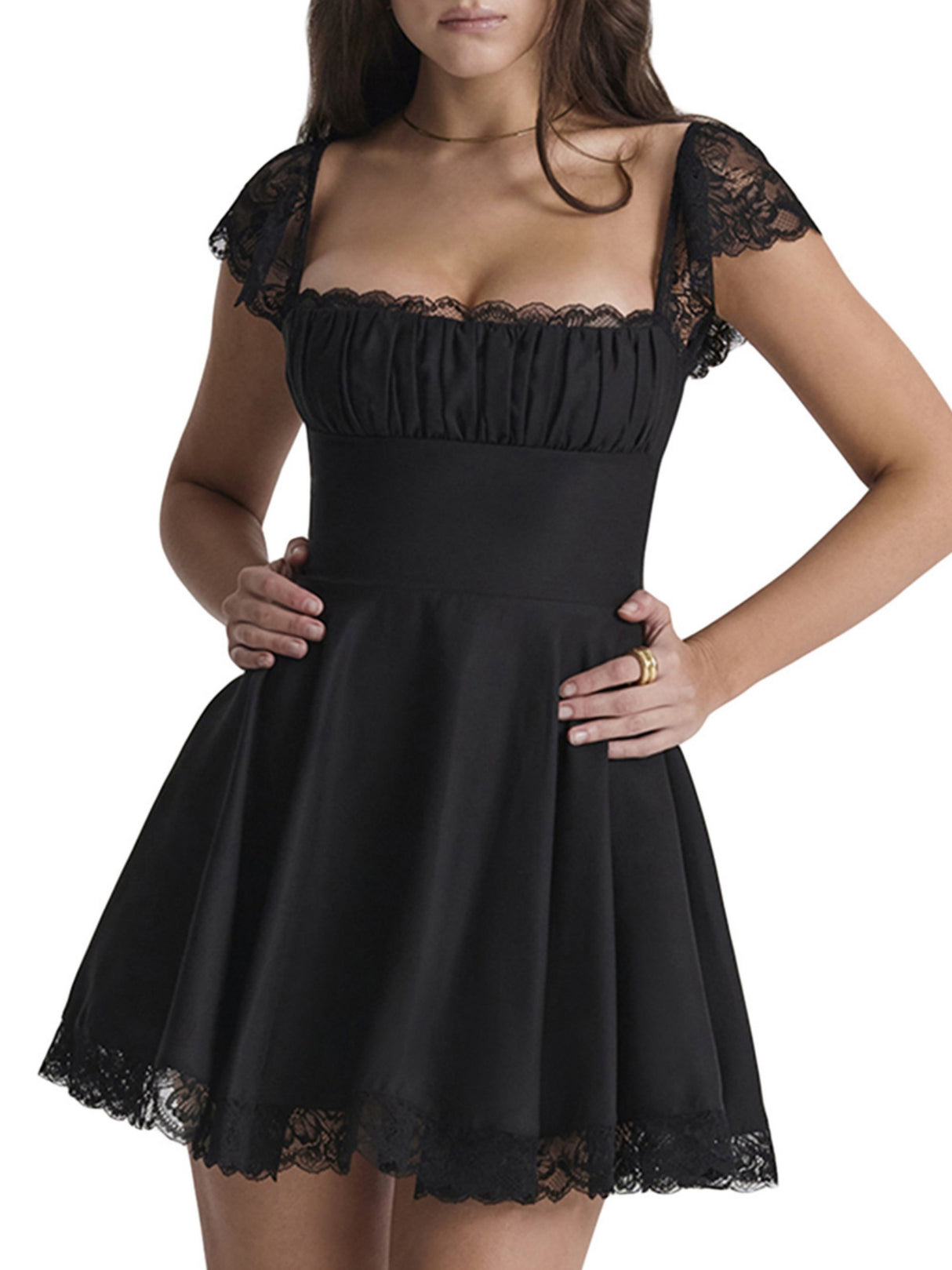 Lace Trim Square Neck Suspenders Slim-fit Backless Sweet Mini&Short Dresses