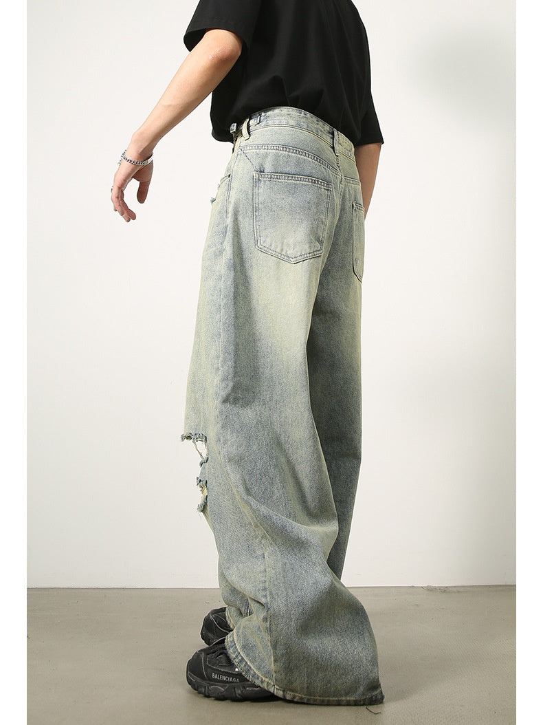 Hole Washed Distressed Loose-fit Wide-leg Jeans