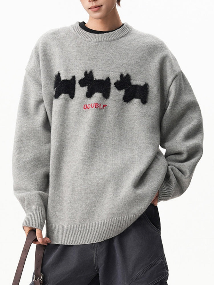 Flocked Puppy-Print Preppy Oversized Sweater