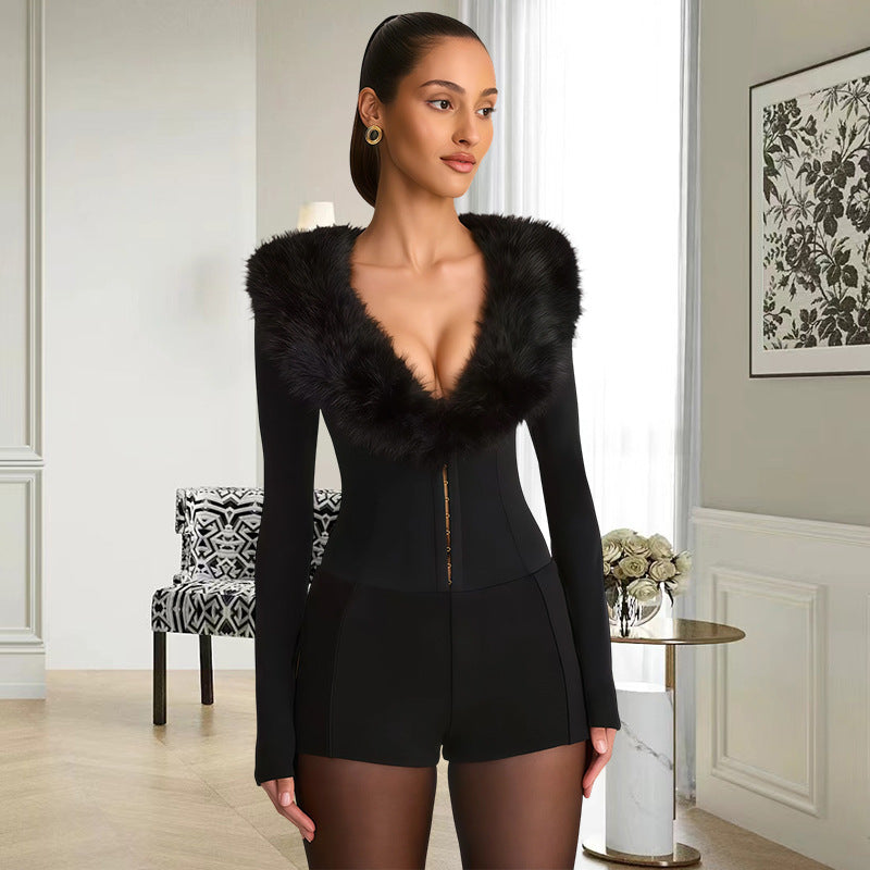 Faux Fur Collar Sexy Slim Fit Dinner Party Bodysuit
