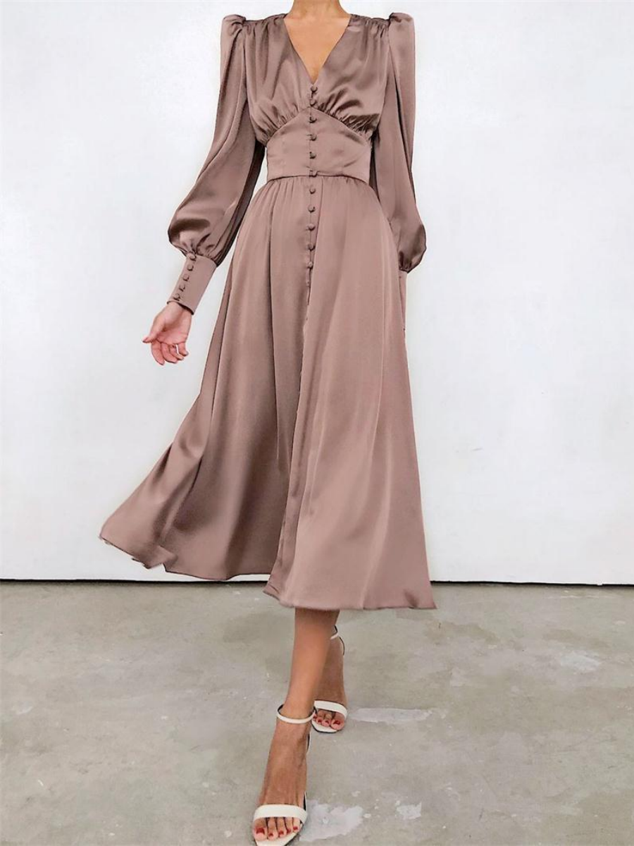 V-neck Satin Waist Retro Maxi Dresses