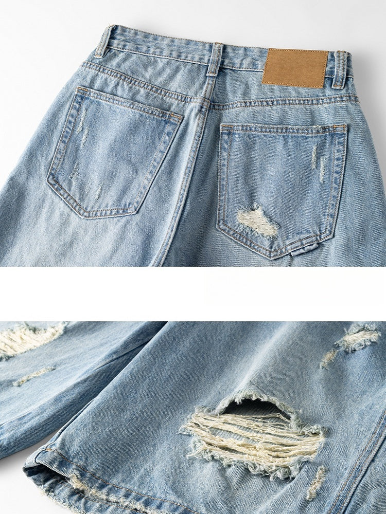 Washed Hole Denim Shorts