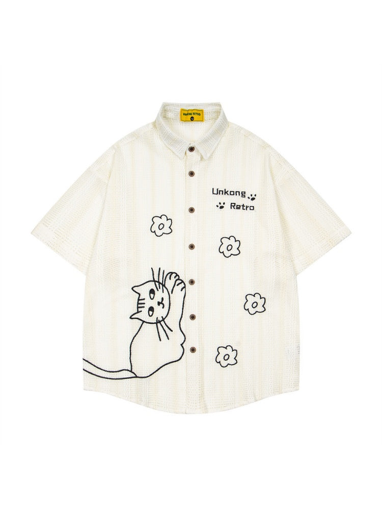 Cartoon Kitten Embroidery Vertical Stripe Loose-fit Vibe Breathable Shirts