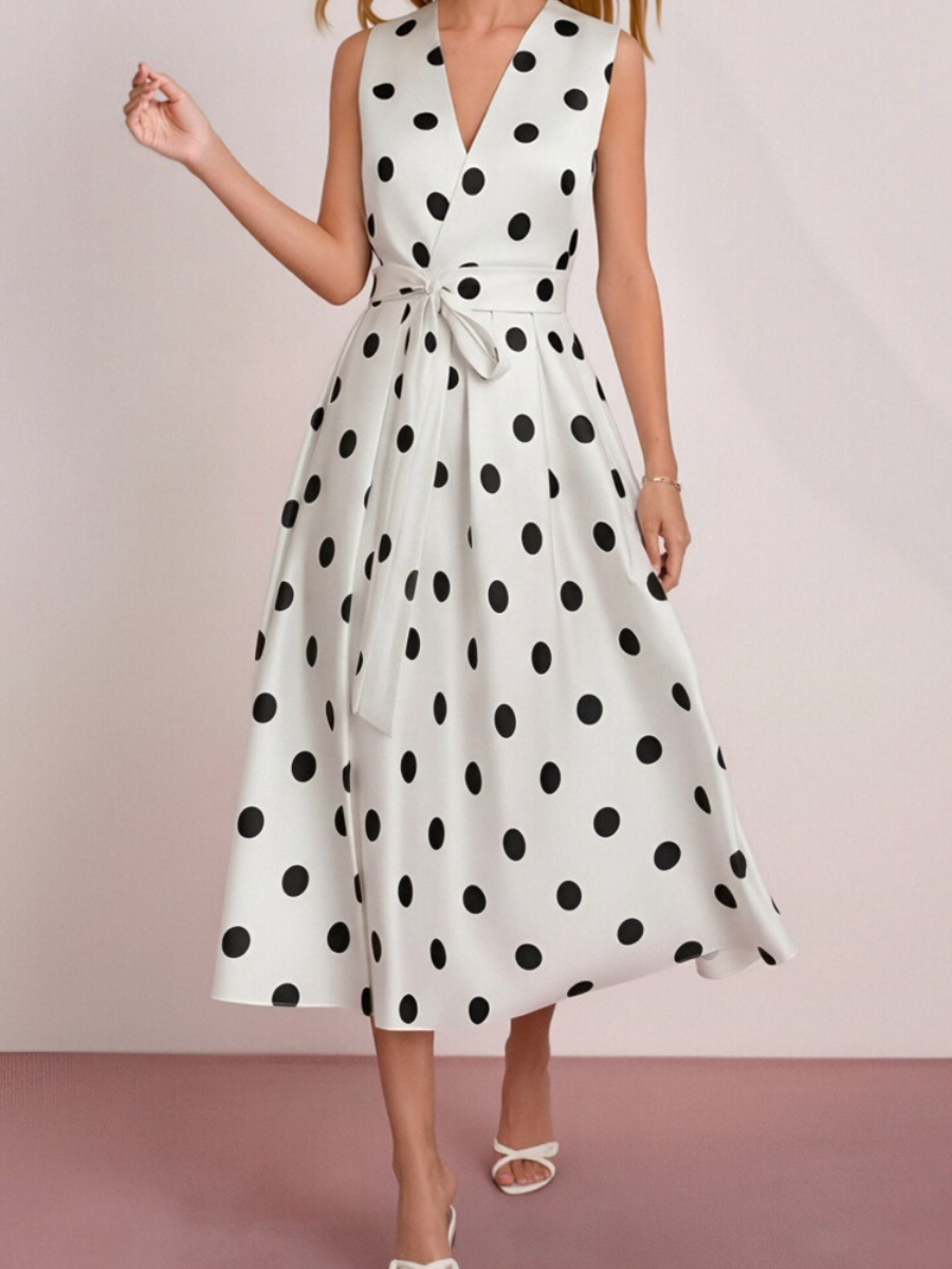 Polka Dots Sleeveless Waist Midi Dresses