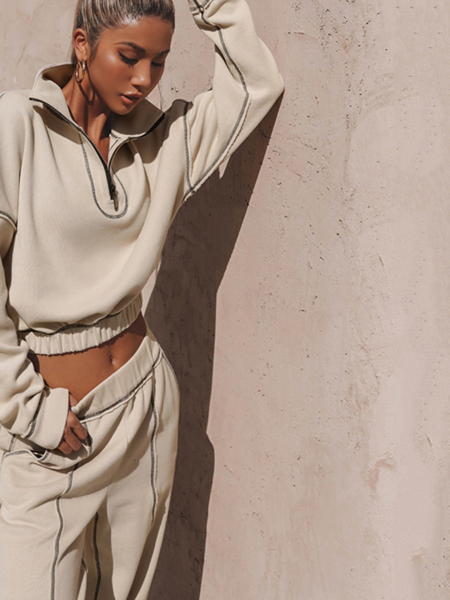 Liber Autumn women's solid color zipper pullover Long sleeve two piece sweatshirt