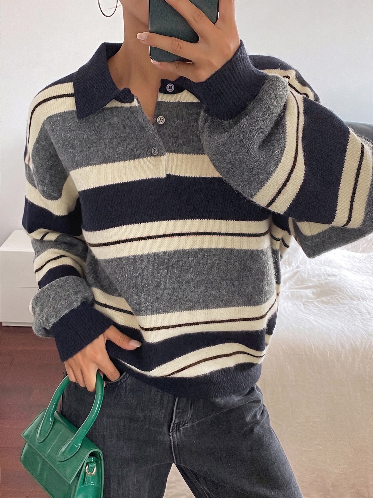 Casual Preppy Style Loose Striped Color-blocked Collar Half-open Knit Sweater
