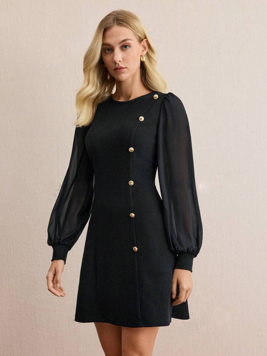 Buttons Solid Color Mini&Short Dresses