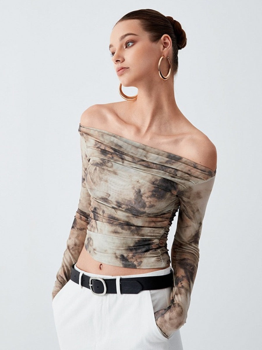 3D Printed Cropped Slim Fit T-Shirt, Retro Sexy Off-Shoulder Pleated Top