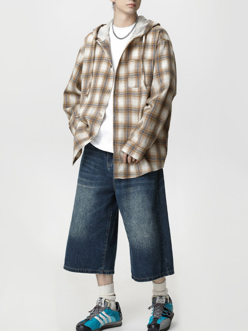 Color-blocked Plaid Hooded Shirt