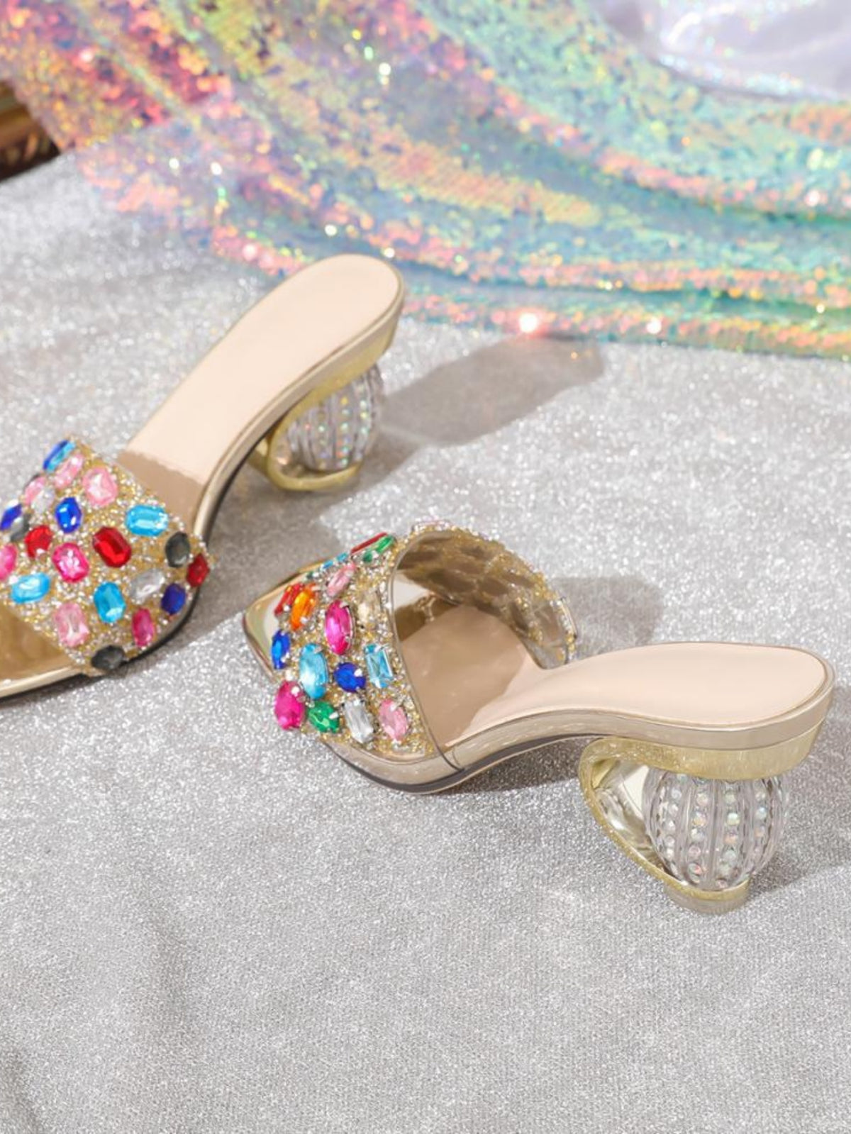 Transparent High-heeled Sandals With Colorful Rhinestone Embellishments