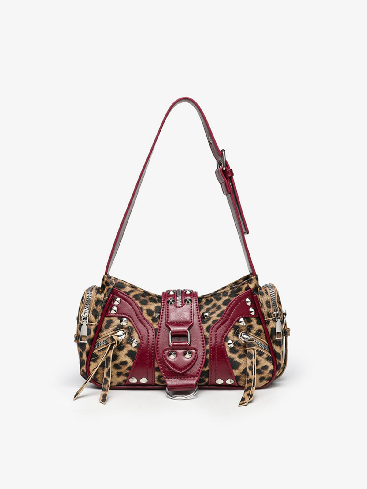 Stylish Leopard Print Edgy Biker Studded Shoulder Bag