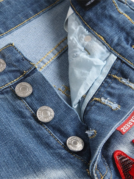 Punk Jeans Blue Hole Slim Fit With Patch Embroidery Mid-rise Jeans