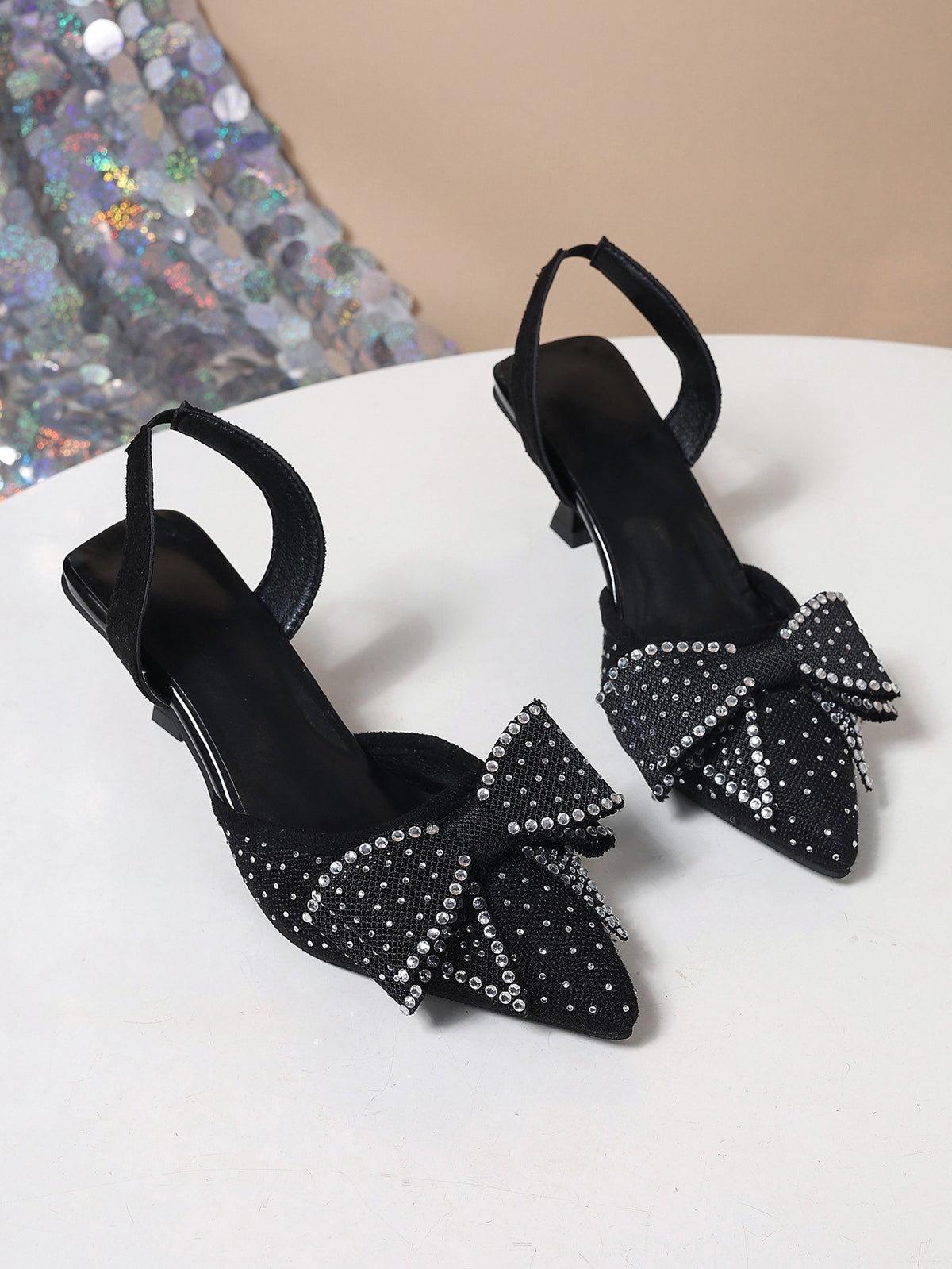 Rhinestone Pointed Bow Backless High Heels