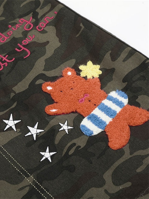 Cartoon Embroidery Camouflage Work Clothes Vibe Wide Leg Five Points Shorts