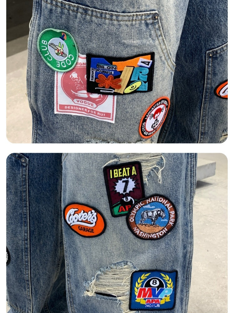 Badge Embroidery Denim Loose-fit Patchwork Fake Hole Wide-leg Jeans