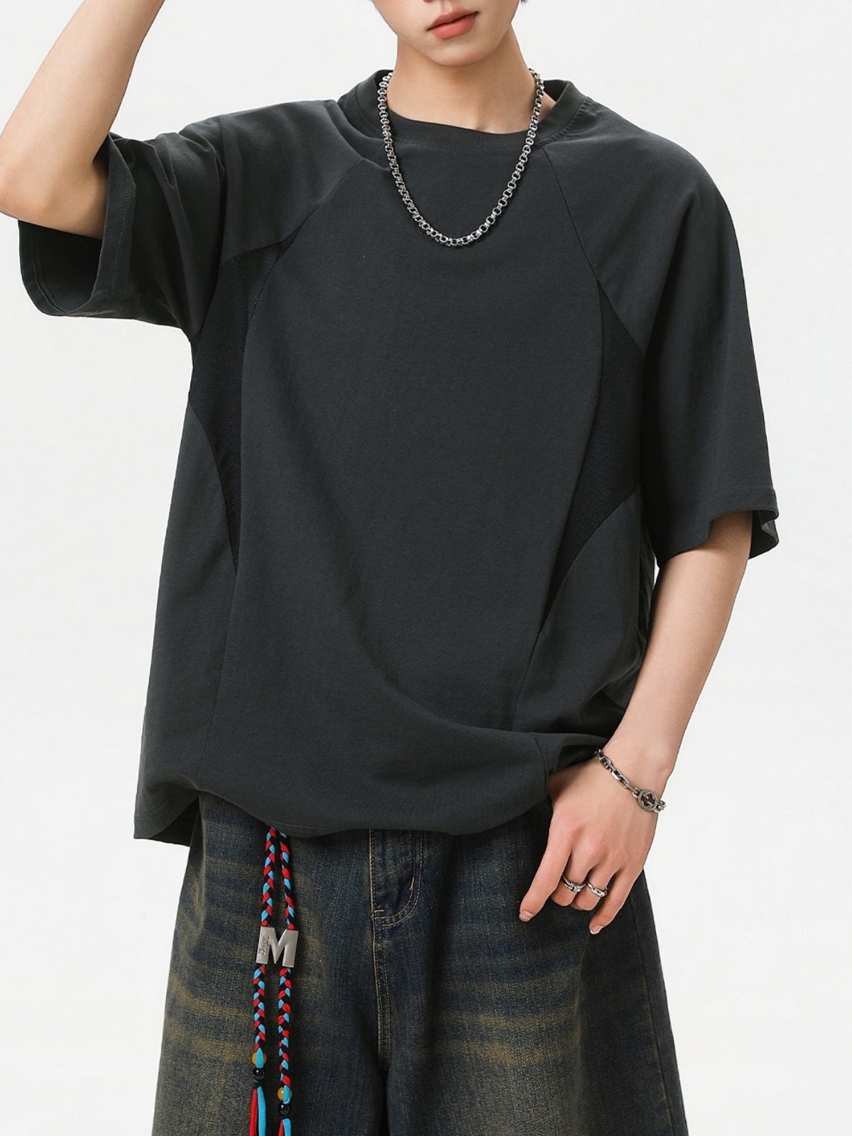 Color-blocked Mesh Patchwork Letter Print T-shirts