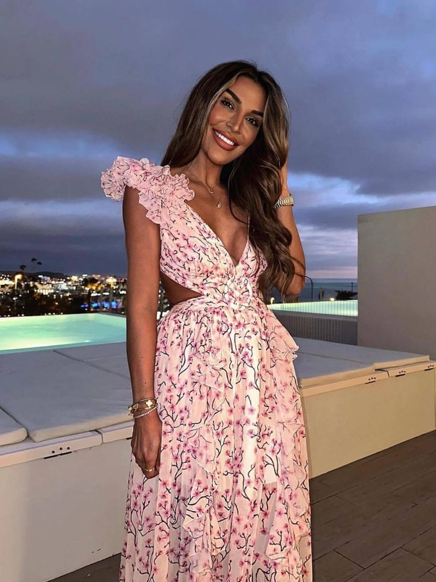 Floral Deep-V Maxi Dress – Shoulder Flower Accent