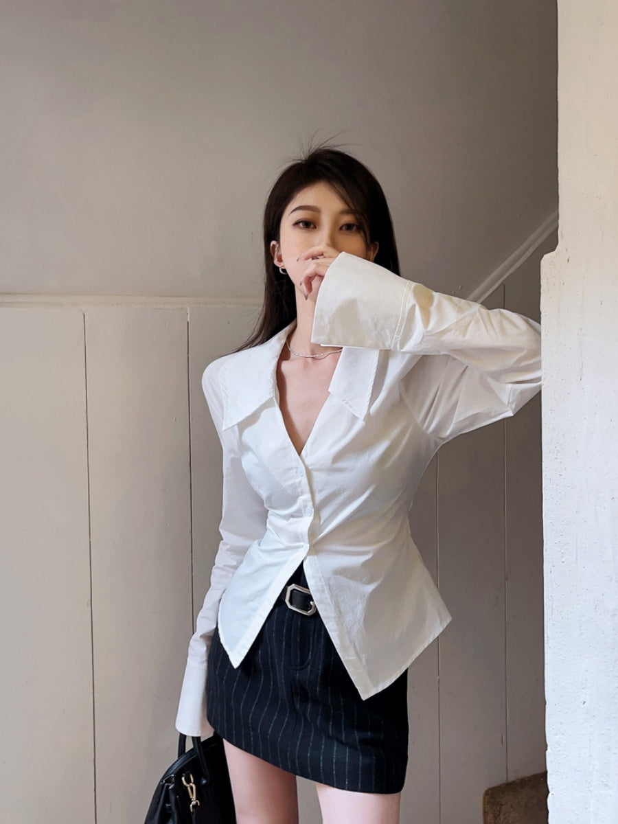 White Collared Long-sleeved Shirt For Women, Slim Fit, Waist-cinching Design, Unique And Stylish Top.