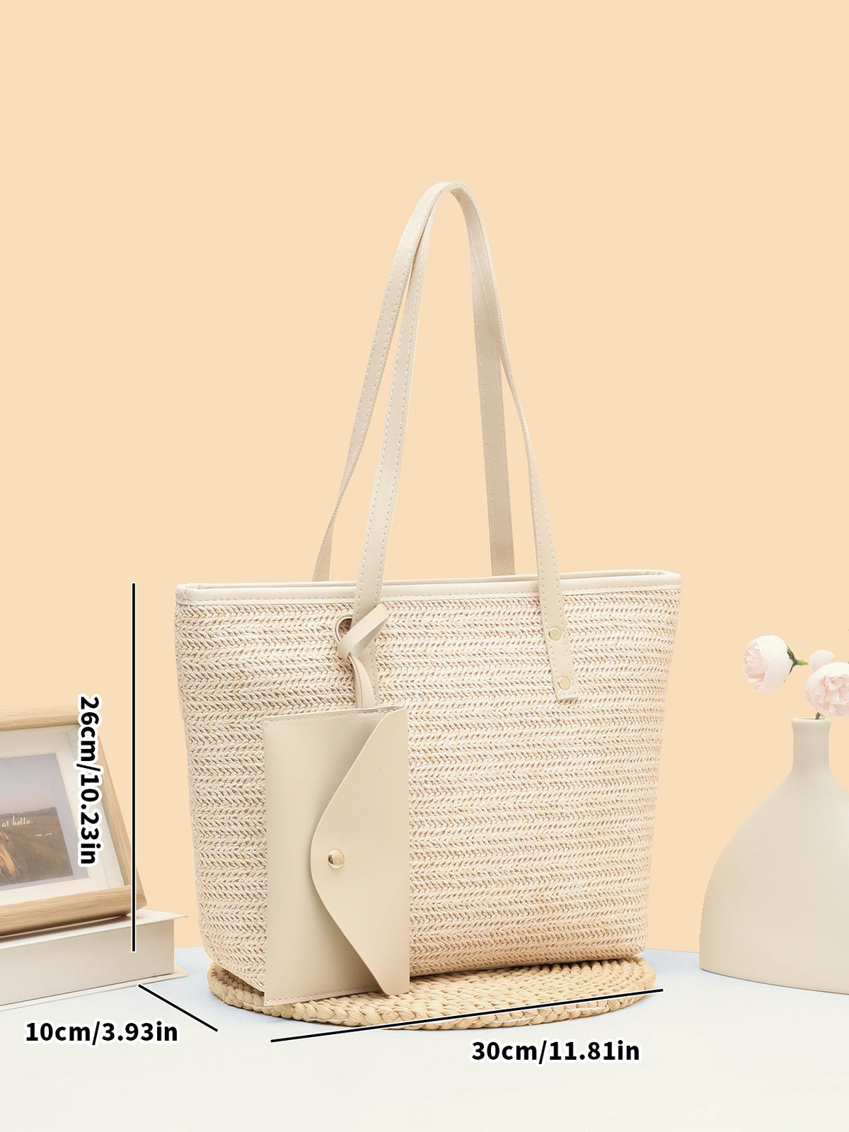 Solid Color Straw Woven Vacation Tote Bag
