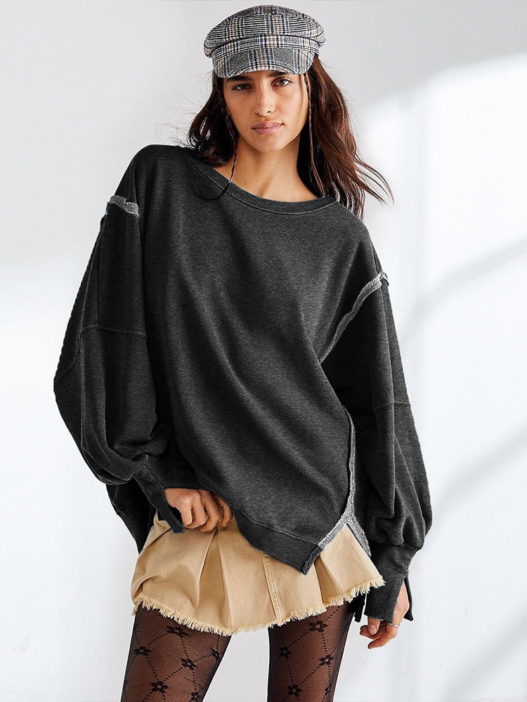 Women's Autumn/Winter Solid Color Frayed Edge Long Sleeve Side-Slit Sweatshirt