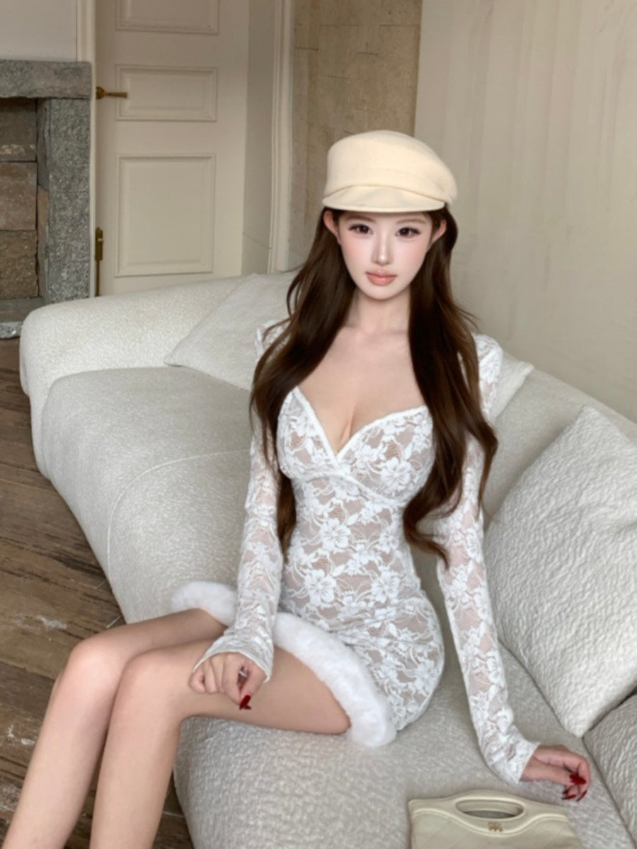 Pure And Sweet, Spicy Lace-trimmed, Fringed, Fitted Waist Short Dress