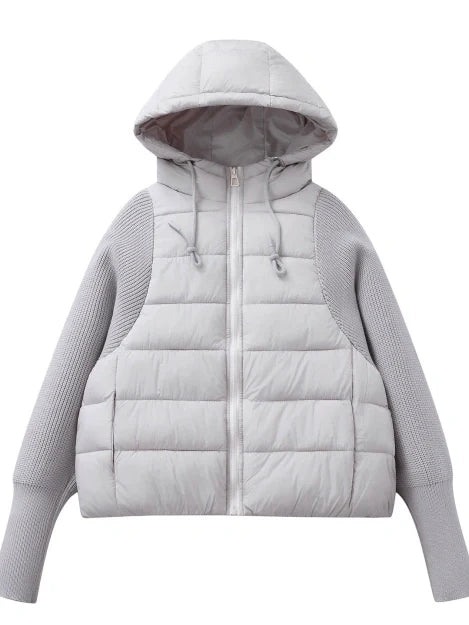 Hooded And Lightweight Cotton-padded Jacket Knitted Sleeves Splicing Short Fake Two Pieces Cotton Clothes
