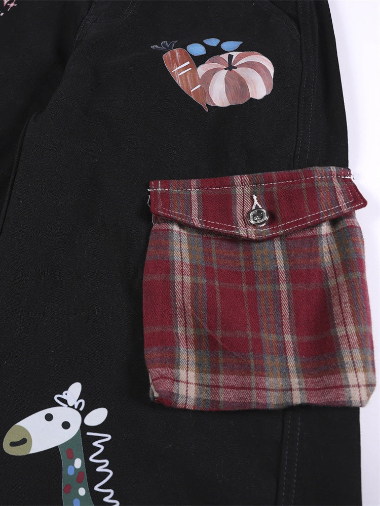 Plaid Color-blocked Cartoon Straight-fit Jeans
