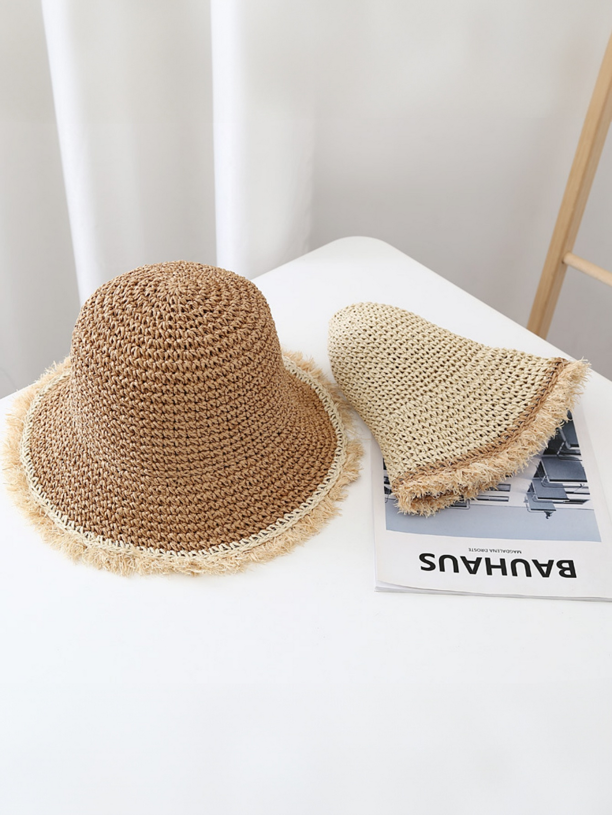 Wide-brimmed, Frayed Woven Straw Hat