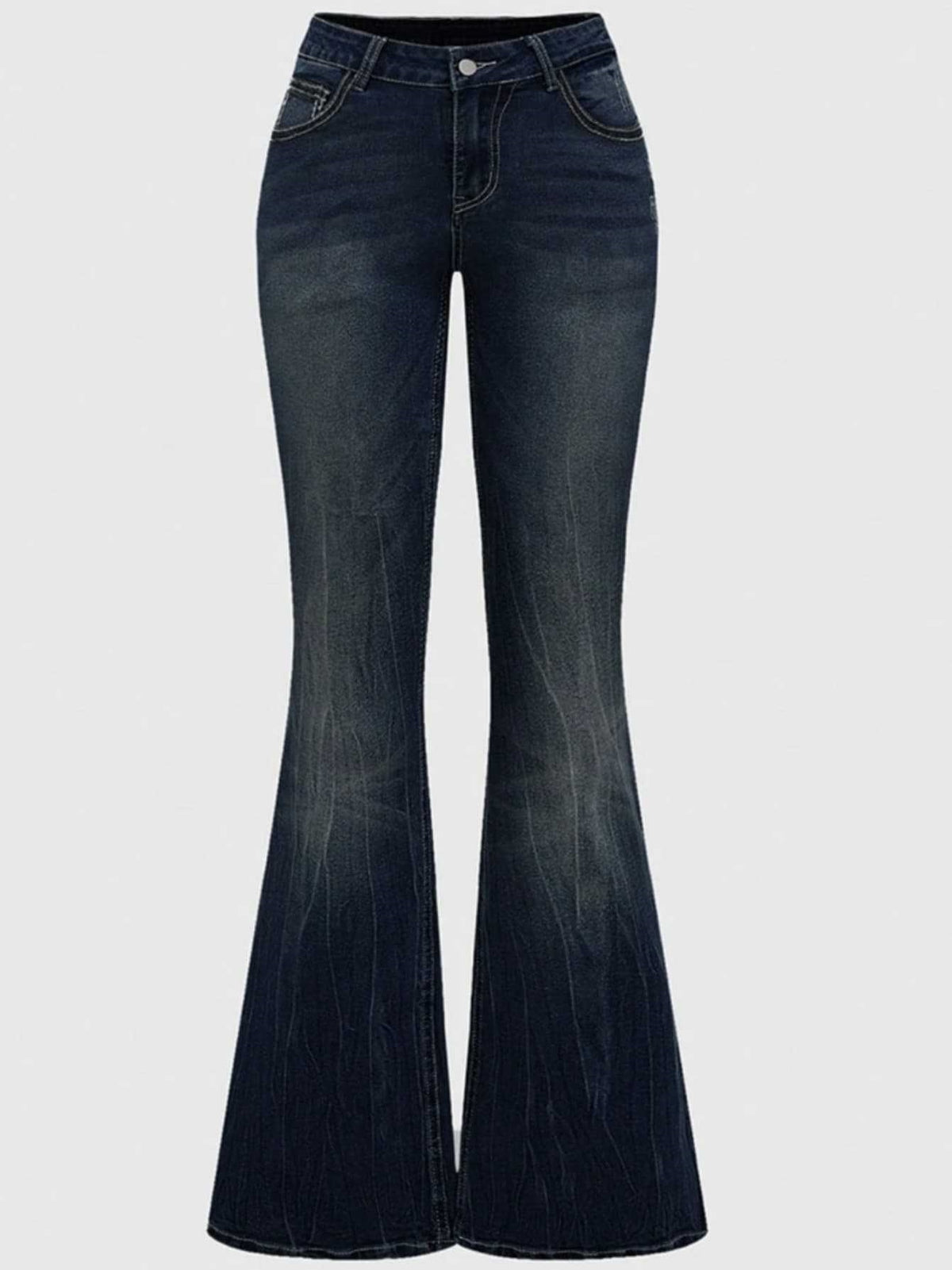 Women's Autumn/Winter Dark Washed Embroidered Rhinestone Flare Jeans