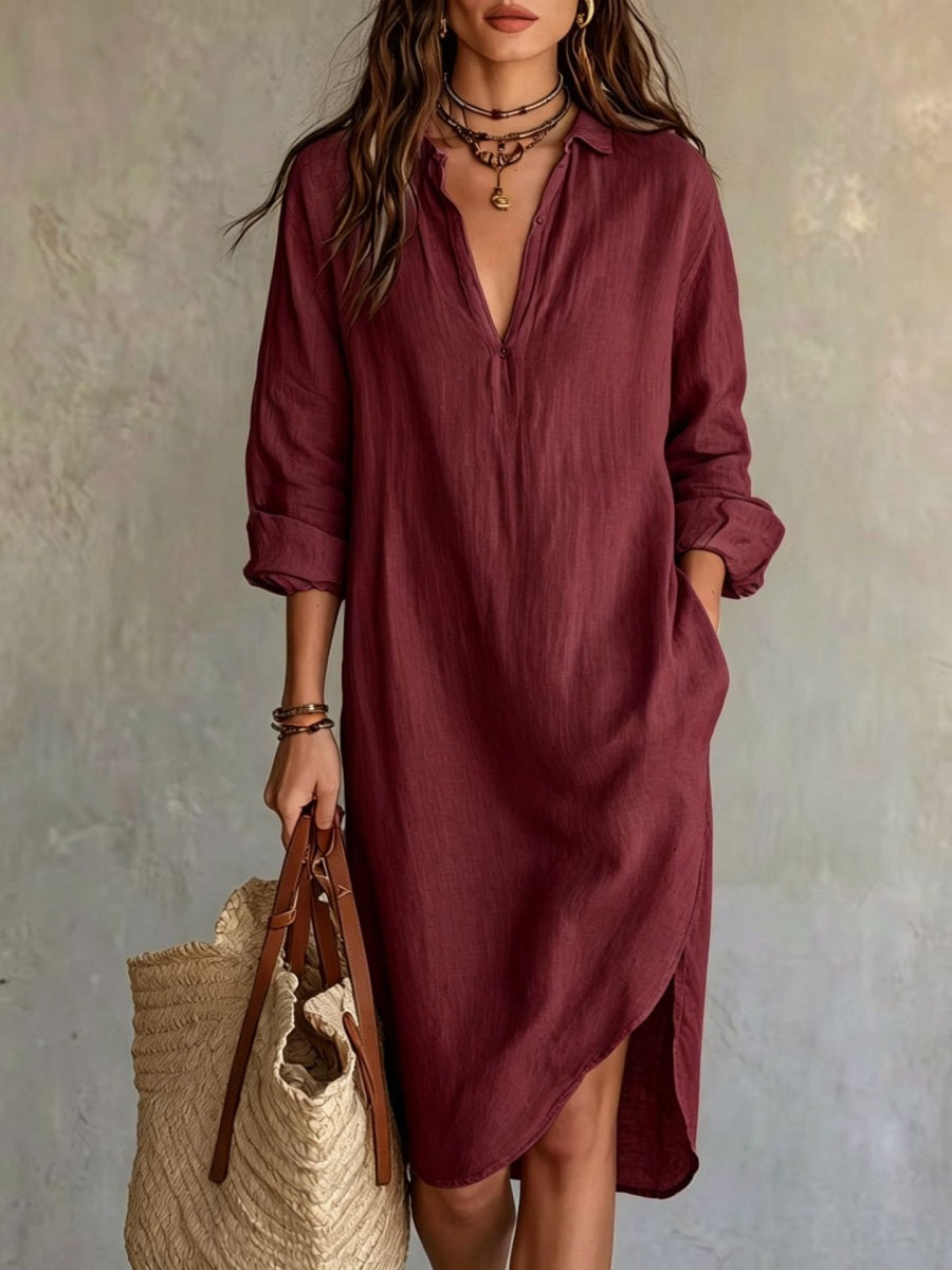 Loose-fitting Mid-length French Linen Shirt Dress With Slits
