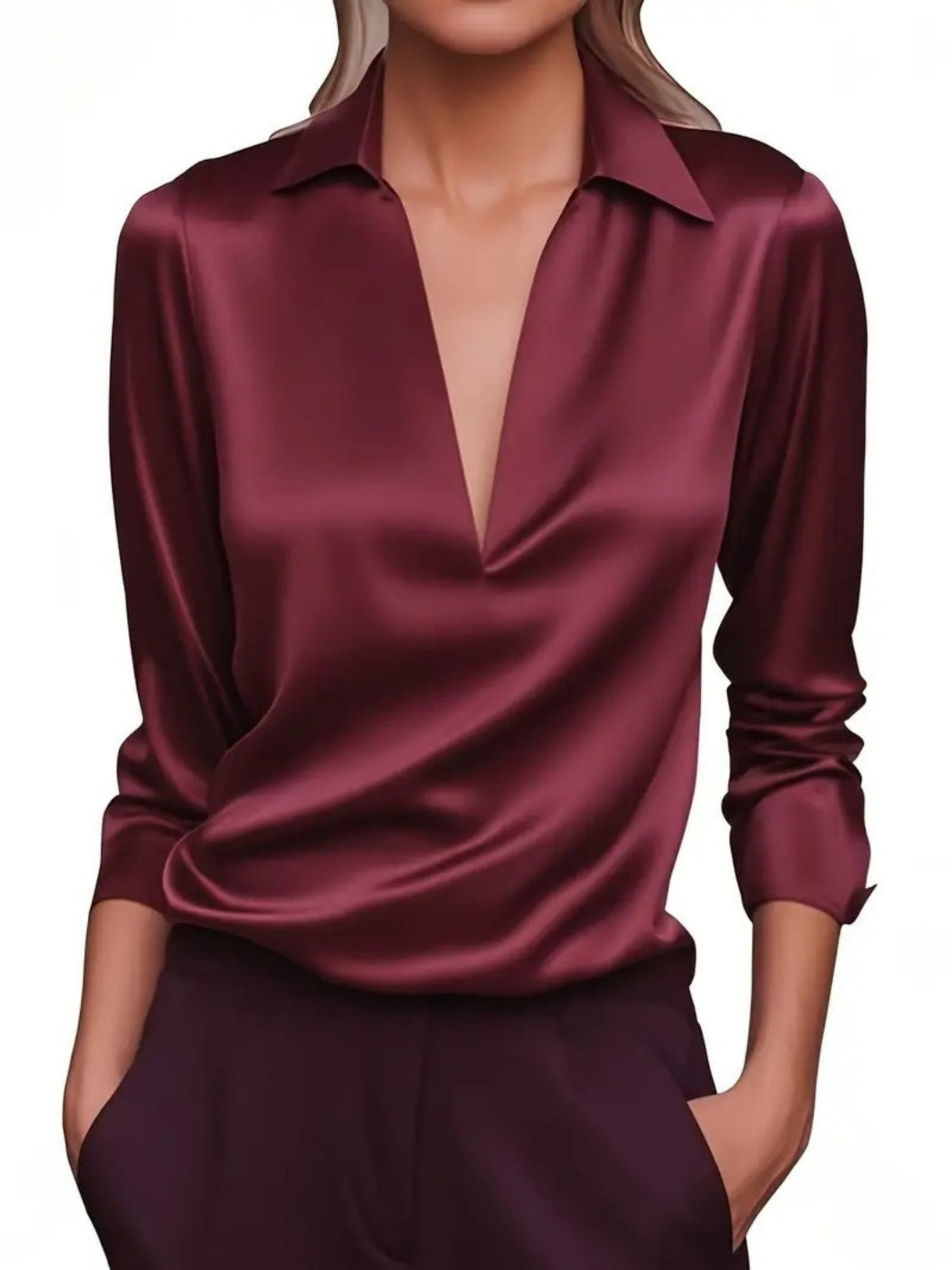 Satin Deep V-neck Long Sleeves Blouse