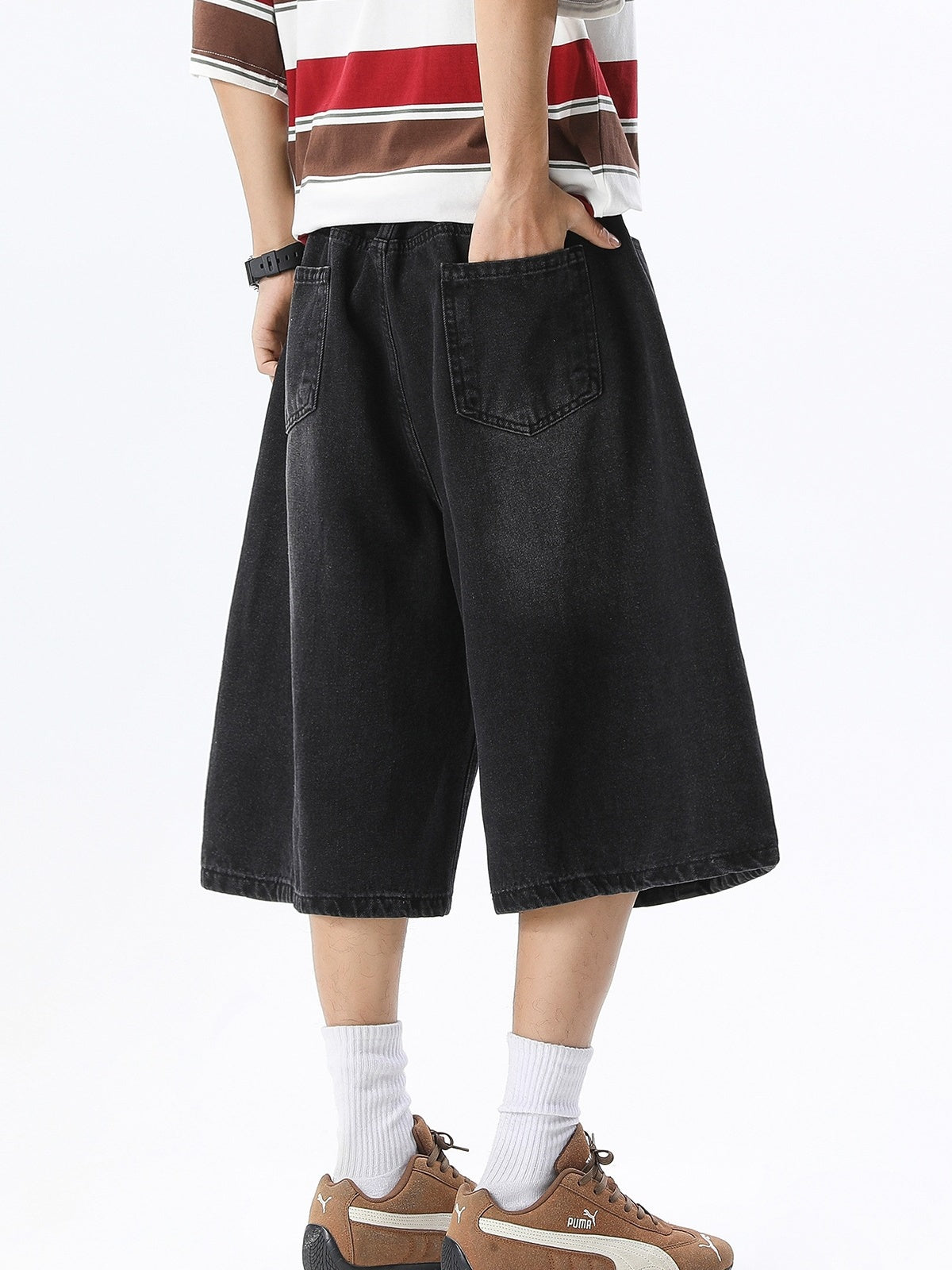Distressed Washed Gathering 7 Points Denim Shorts