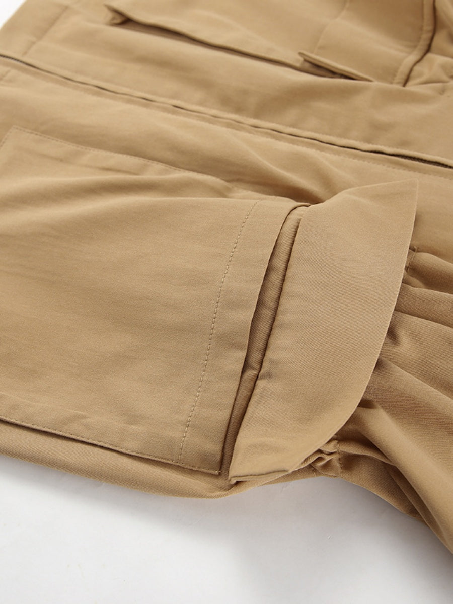 Regular Large Pockets Zipper Paneled Collar Trench Coat