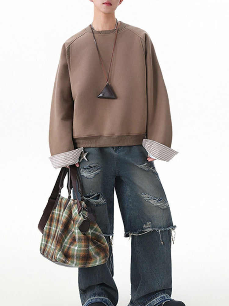 Plaid-Panel Clean-Fit Boxy Crew-Neck Sweatshirt